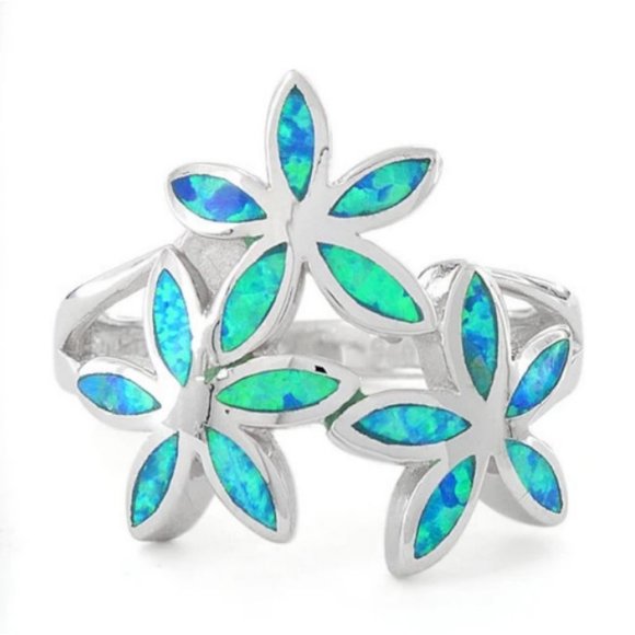 925 STERLING SILVER Lab Created Blue Fire Opal Plumeria Ring - Picture 12 of 15
